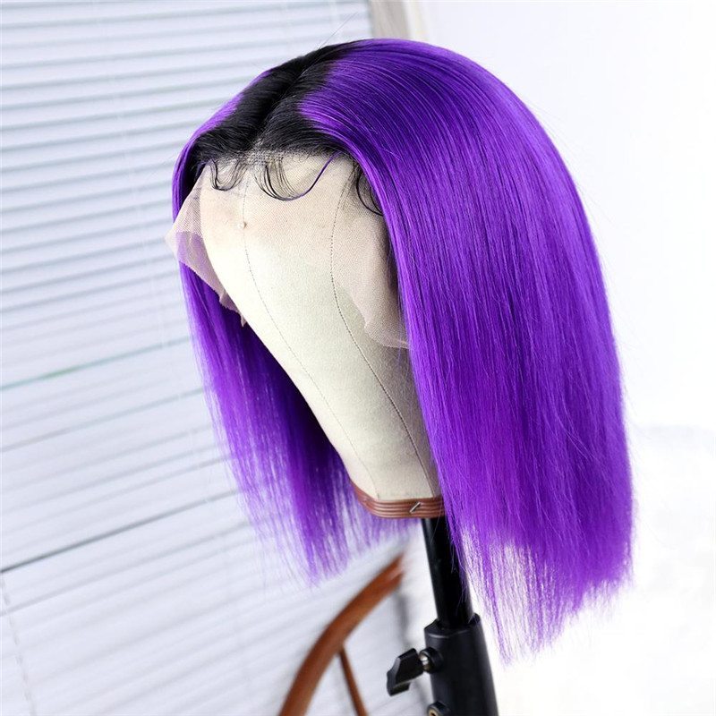 1B Dark Purple Short Bob Wig of Brazilian Human Hair with Baby Hair Ombre Black Roots Lace Front Wig for Women