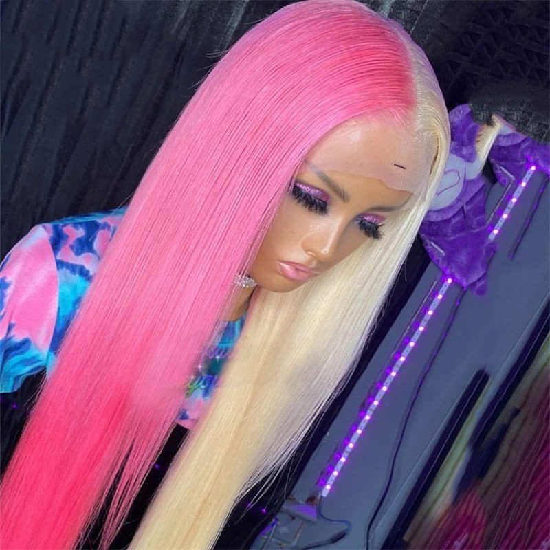 Half Pink Half Blonde Color 13x4 Lace Front Wig  Brazilian Remy Straight Human Hair Wigs For Women Pre Plucked Lace Closure Wig