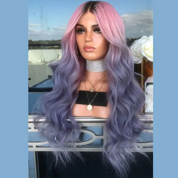 Human Hair Dark Root Pink Purple Ombre Color Lace Front Wig