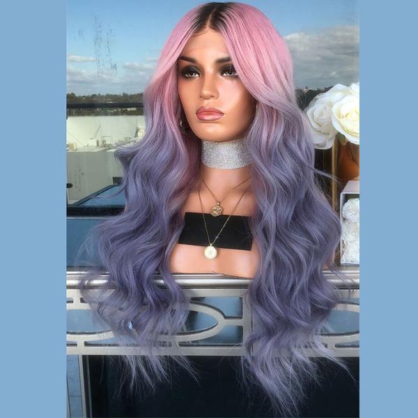 Human Hair Dark Root Pink Purple Ombre Color Lace Front Wig