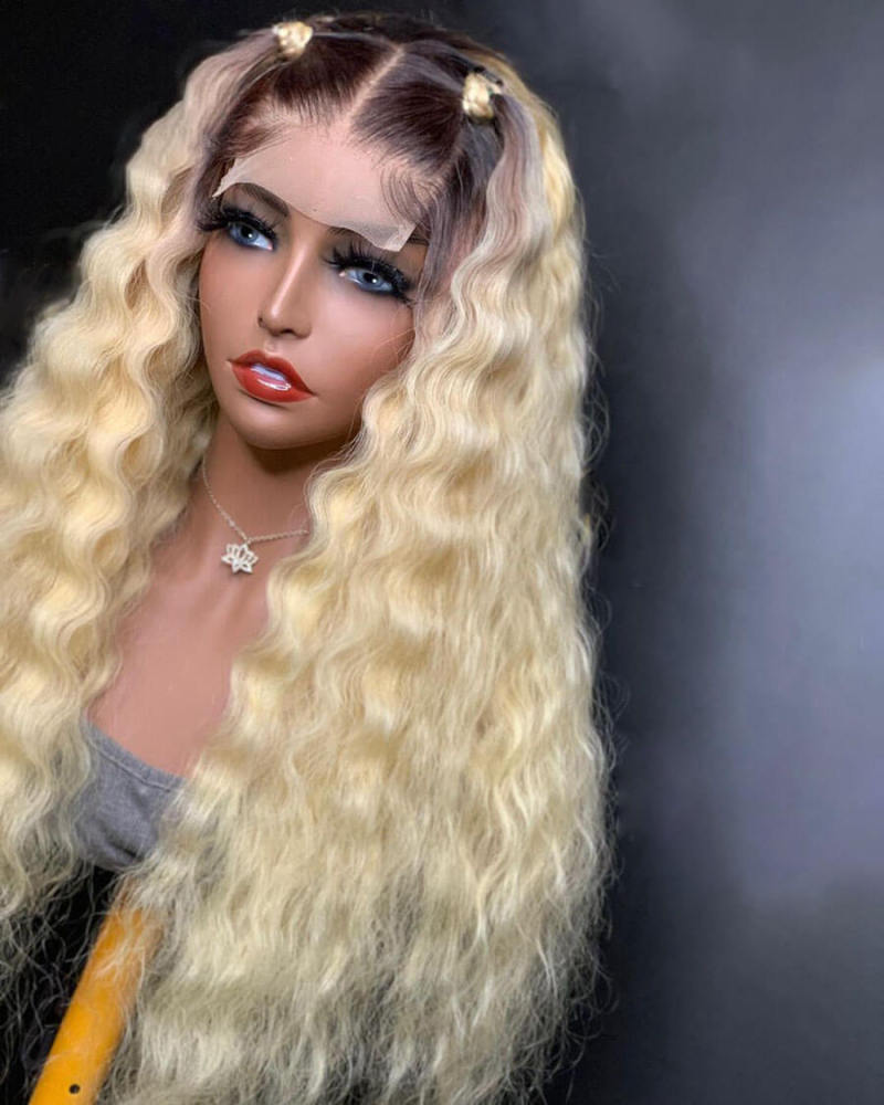 Ombre 613# Honey Blonde Colored Human Hair Wigs For Women Lace Front Wig Brazilian Remy Deep Wave Frontal Wig