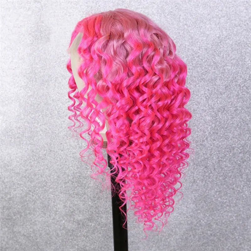 13x4 Brazilian Curly Human Hair Wigs 150% Pink Colored Hotpink Remy Lace Front Human Wig Pre Plucked Transparent Lace