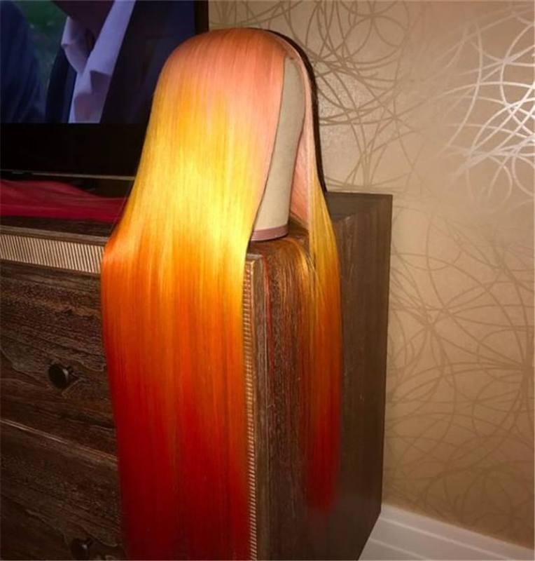 Omber Pink Yellow Orangered Human Virgin Hair Pre Plucked Lace Front Wig For Black Woman