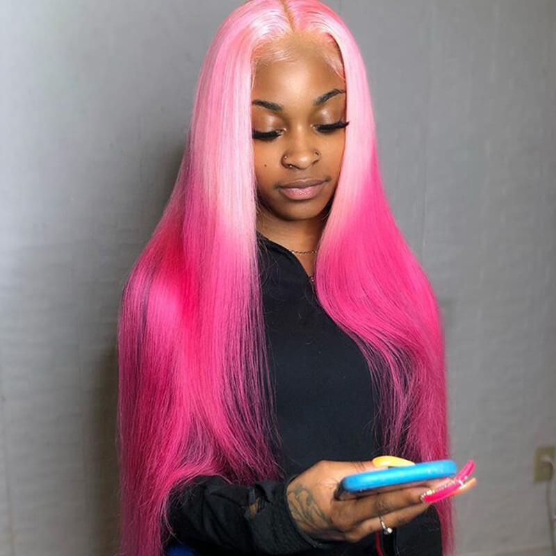 Rose Pink Straight Wig Ombre Blue Human Hair Wig Brazilian Remy Purple Colored Human Hair Wigs For Women Transparent Lace Wigs