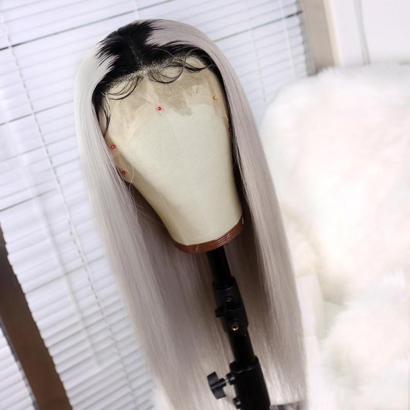 Ombre Gray Long Straight Lace Front 13x4 T Part LaceVirgin Human Hair Wigs for Black Women