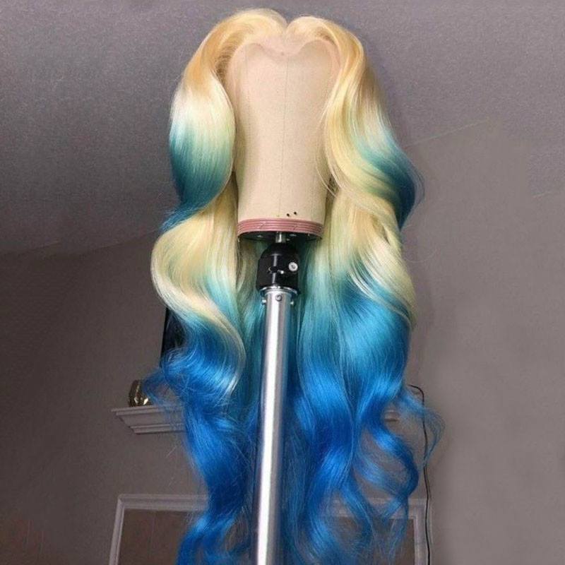 Ombre Blonde Lace Front Wig Human Hair Body Wave Wig Brazilian Remy Blonde Blue Colored Human Hair Wigs For Women Pre Plucked