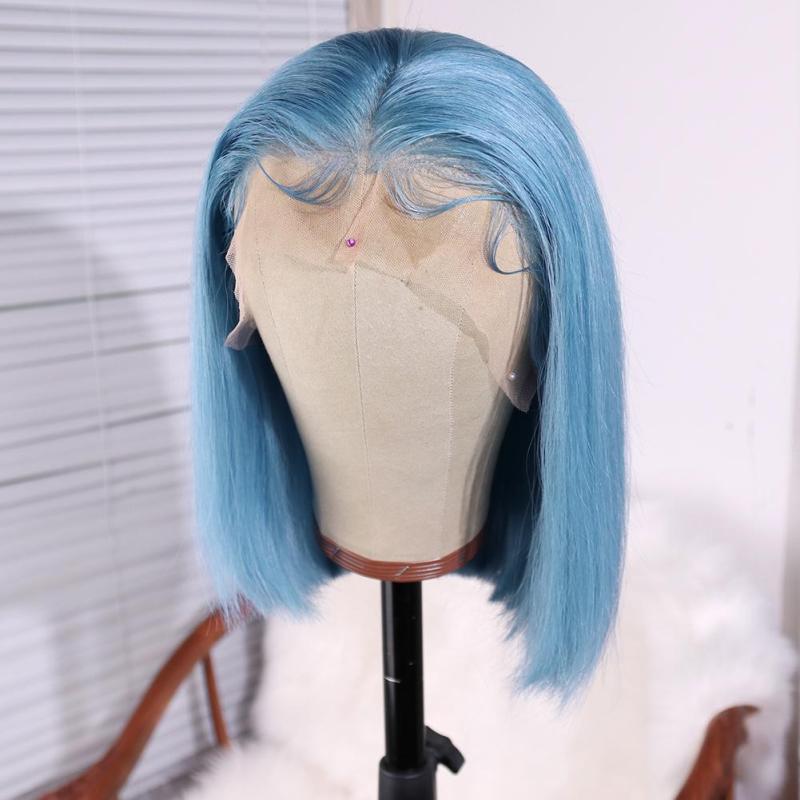 Bob Light Water Blue Lace Front Brazilian Remy Human Hair Wig Straight Wigs with Baby Hair Wigs