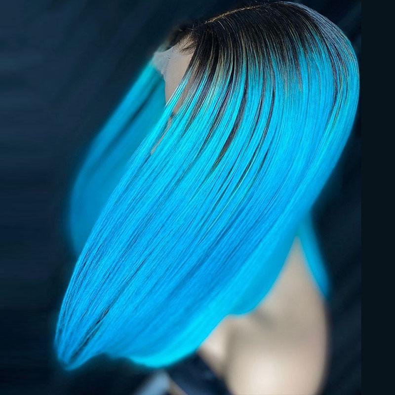 Ombre Blue Colored Human Hair Wigs For Women Remy Brazilian Hair Bob Wig Lace Front Human Hair Wigs Pre Plucked