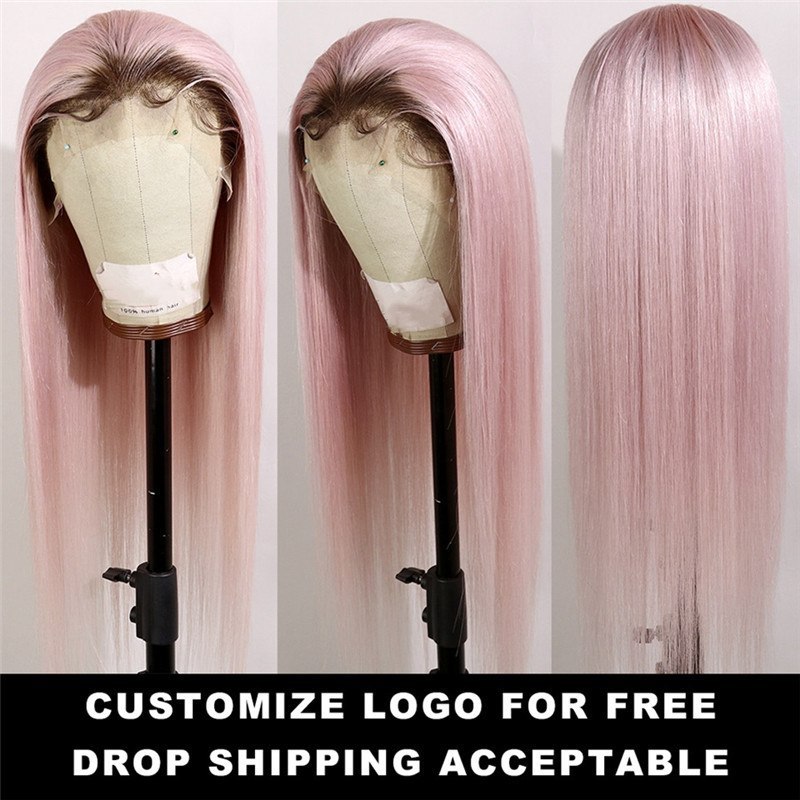 Ombre Pink Straight Human Hair Wig With Brown Roots Wig With Baby Hair Brazilian Remy Lace Wigs
