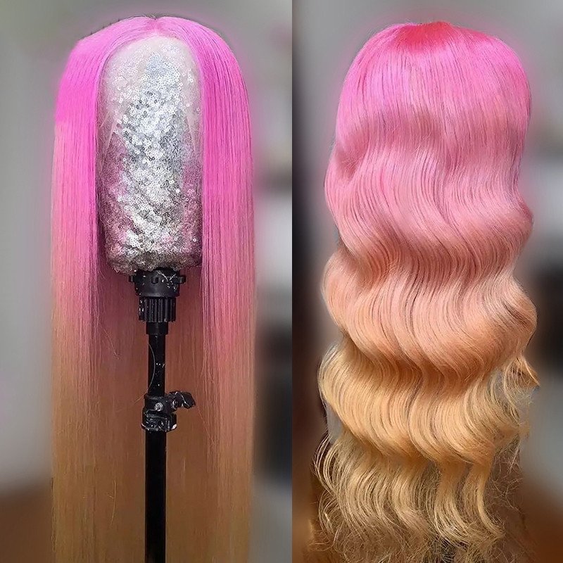 Pink Wig Body Wave Brazilian Remy Ombre Orange Colored Human Hair Wigs For Women Straight Lace Front Wig Transparent Lace Wigs
