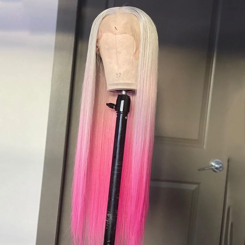 Ombre Pink Colored Human Hair Wigs For Women T 60 Pink Straight Lace Front Wig Brazilian Remy Transparent Lace Wigs Pre Plucked