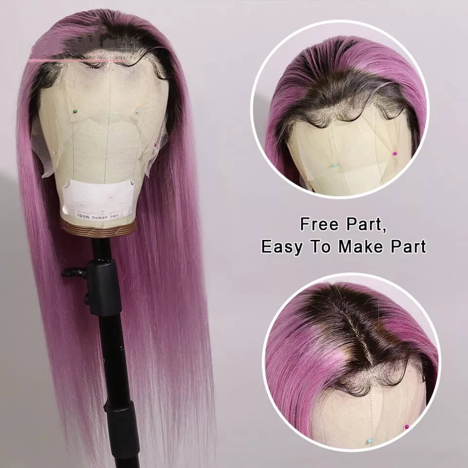 Ombre Purple Straight Human Hair Wig With Brown Roots Wig With Baby Hair Brazilian Remy Lace Wigs