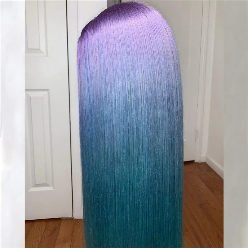 Blue Short Lace Front Human Hair Wigs Brazilian Straight Remy Ombre Bob Wig Ombre Blue Colored Lace Front Wigs