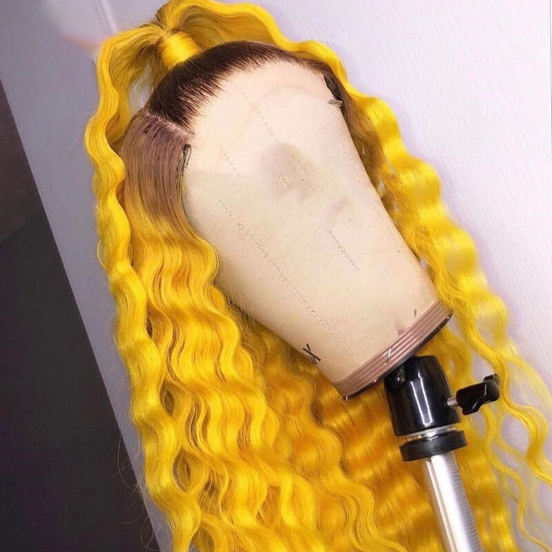 Ombre Green Colored Human Hair Wigs For Women Honey Blonde Lace Front Wig Brazilian Remy Yellow Pink Wig Deep Wave Frontal Wig
