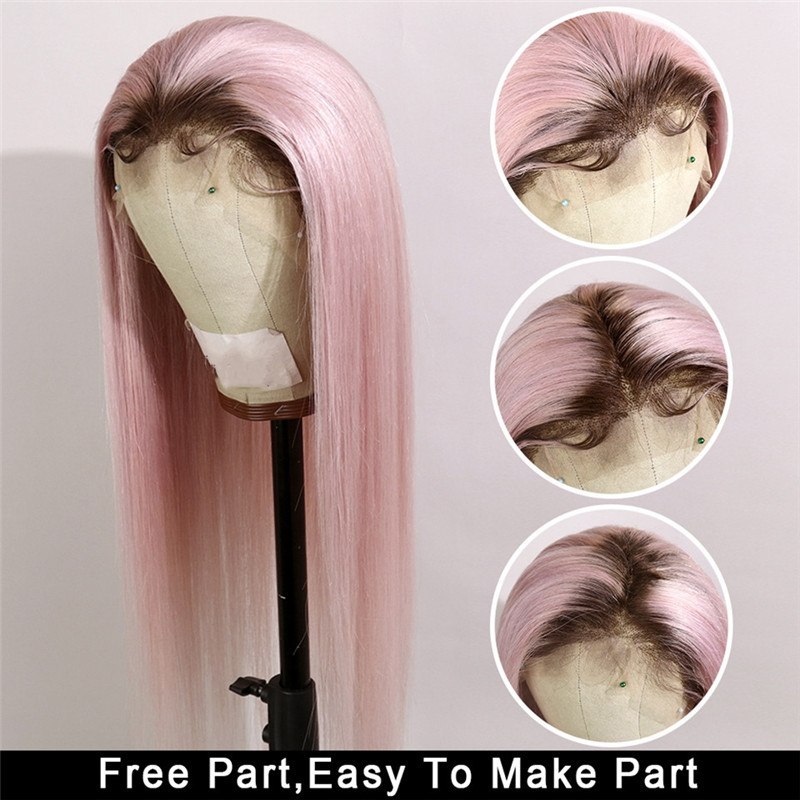 Ombre Pink Straight Human Hair Wig With Brown Roots Wig With Baby Hair Brazilian Remy Lace Wigs