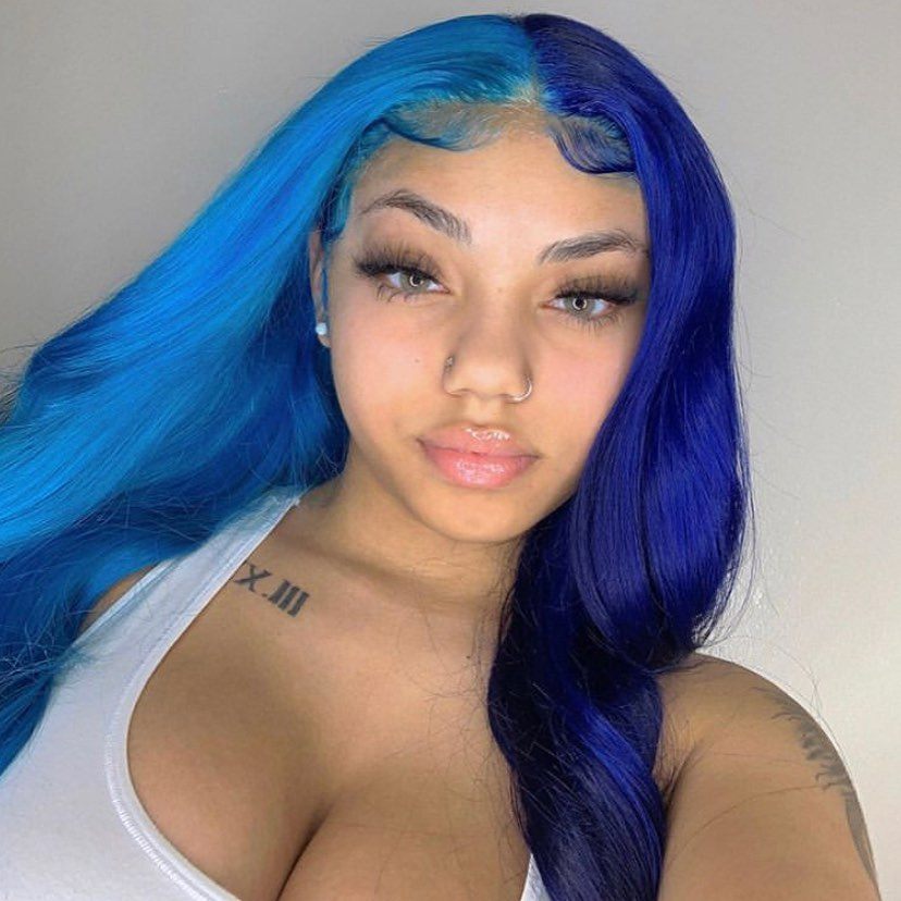 Unique Blue Wavy Brazilian Lace Frontal Wigs Pre Plucked with Natural Hairline