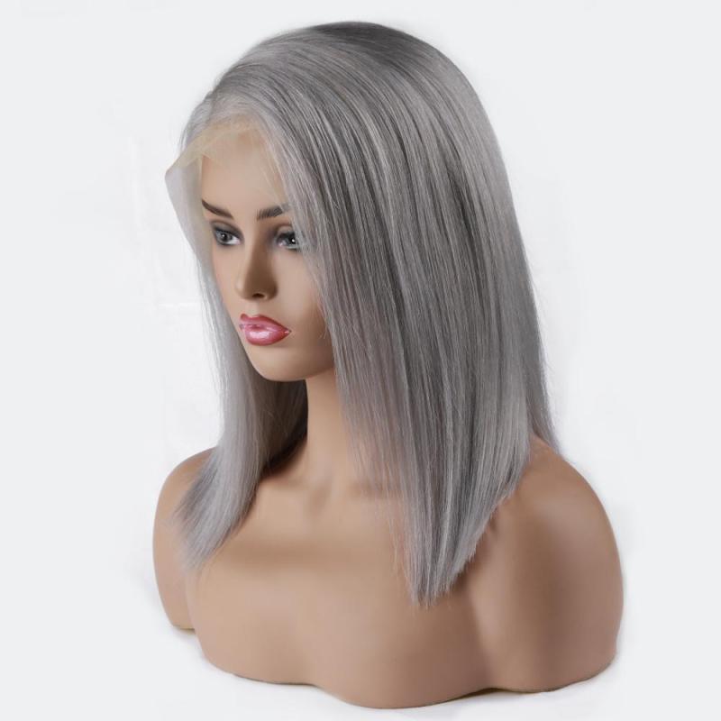 Ash Gray Short Bob Lace Front Brazilian Remy Human Hair Wig Straight Wigs With Baby Hair Wigs