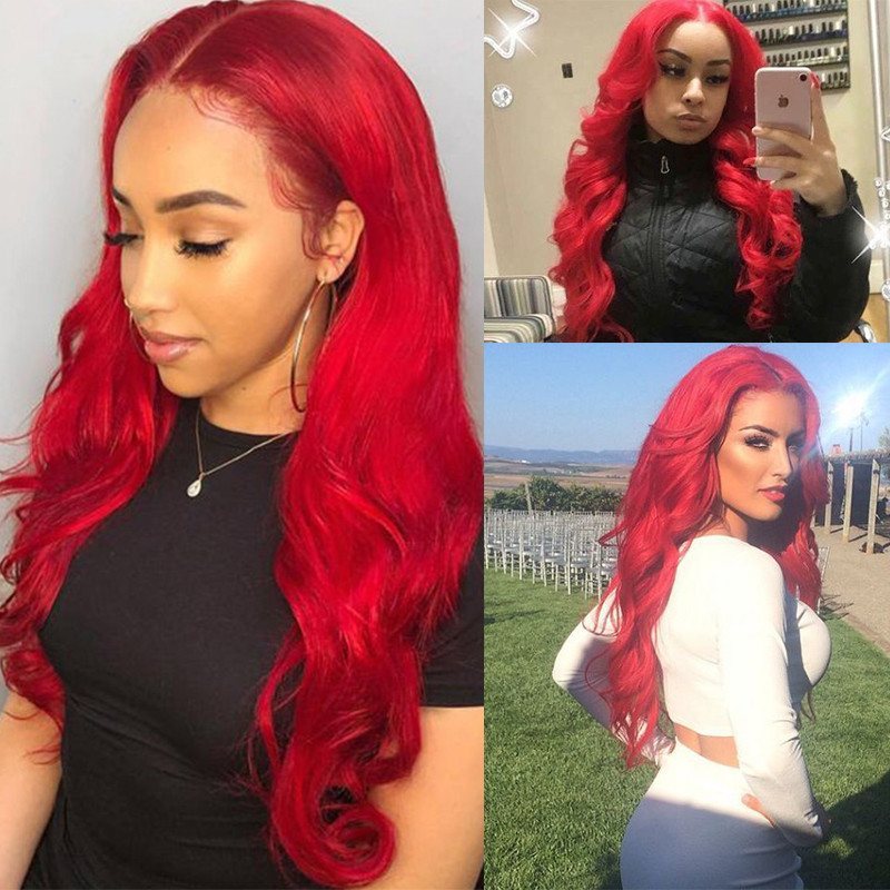 Red Burgundy Brazilian Body Wave Colored Lace Front 13x4 T Part LaceHuman Hair Wig