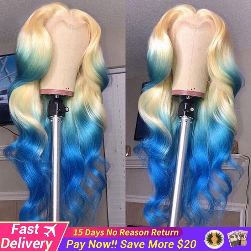 Ombre Blonde Lace Front Wig Human Hair Body Wave Wig Brazilian Remy Blonde Blue Colored Human Hair Wigs For Women Pre Plucked