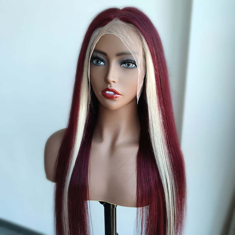 Red Wine & Blonde Skunk Stripe Color Wig- Body Wave & Straight Virgin Human Hair Lace Front Wig With Baby Hair