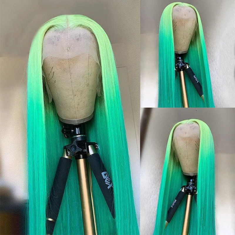 Green Straight Wig Ombre Human Hair Wig Brazilian Remy Purple Colored Human Hair Wigs For Women Transparent Lace Wigs