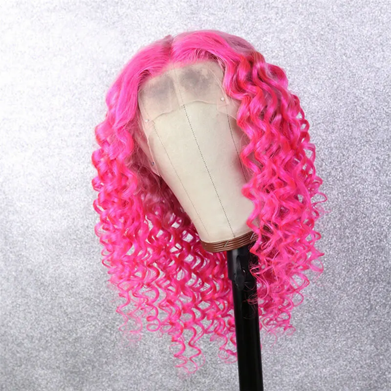 13x4 Brazilian Curly Human Hair Wigs 150% Pink Colored Hotpink Remy Lace Front Human Wig Pre Plucked Transparent Lace