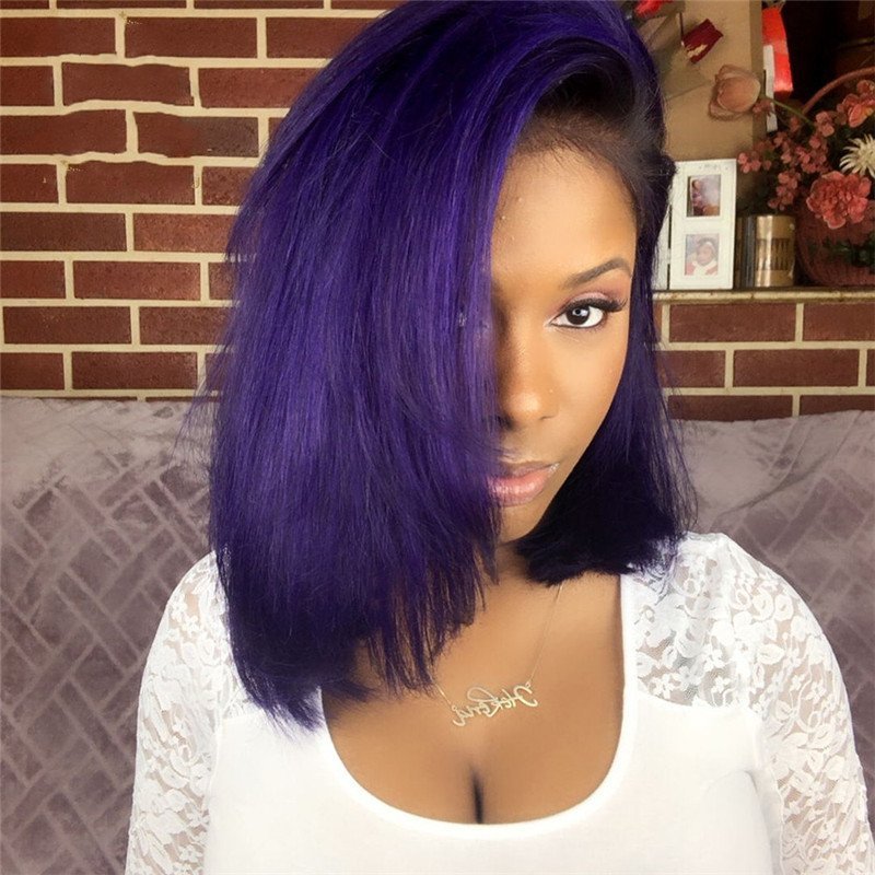 Ombre 1B Dark Purple Short Bob Brazilian Lace Front Human Hair Wig Ombre Straight Human Hair Wigs