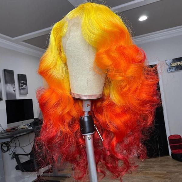Peruvian Hair Yellow Orange Red Ombre Color Lace Front Wig