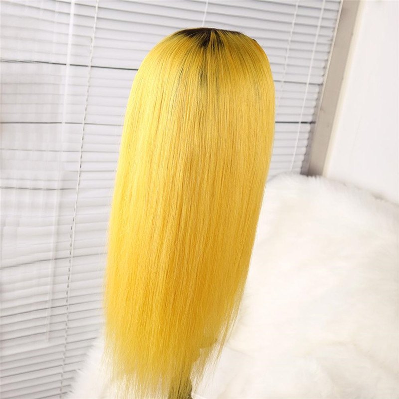 Ombre Yellow Straight Human Hair Wig With Black Roots Wig With Baby Hair Brazilian Remy Lace Wigs