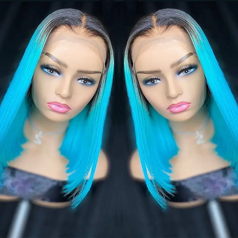 Ombre Blue Colored Human Hair Wigs For Women Remy Brazilian Hair Bob Wig Lace Front Human Hair Wigs Pre Plucked