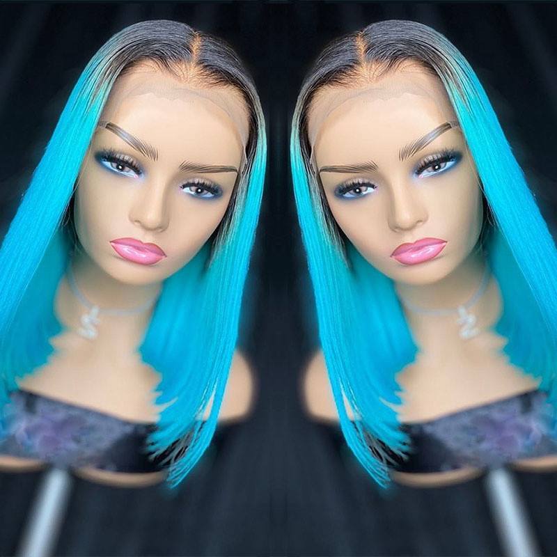 Ombre Blue Colored Human Hair Wigs For Women Remy Brazilian Hair Bob Wig Lace Front Human Hair Wigs Pre Plucked