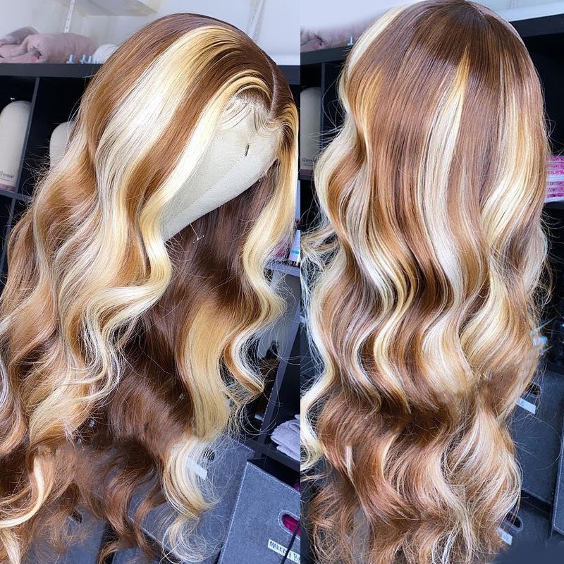 Honey Blonde Brown Highlight Wig Blue Colored Human Hair Wigs For Women Transparent Lace Wigs Brazilian Remy Hair Body Wave Wig