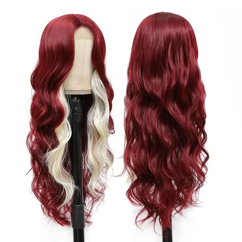 Ombre Wigs Skunk Stripe Lace Front Wig Long Wavy Human Hair Wigs for Black Women Highlight Wavy Wig  Wavy Lace Front Wig Natural Looking Replacement Wigs (Burgundy Mixed Blonde)