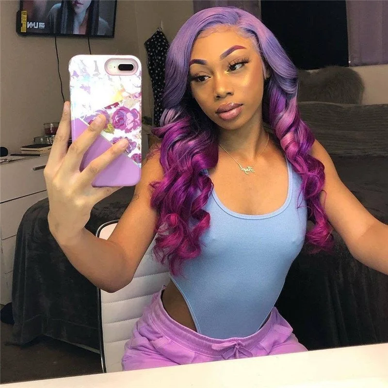 Light Purple Ombre Dark Purple Straight Wig Pre Plucked Lace Front Human Hair Wigs Brazilian Remy Blue 13x4 T Part LaceHuman Hair Wigs for Women