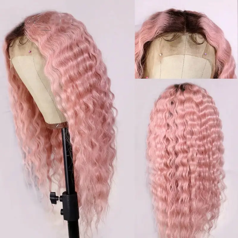 Ombre Pink Deep Curly Wave With Brown Roots Lace Front Full Lace Virgin Human Hair Wig