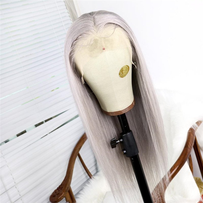 Grey Long Straight Wig Full Lace Human Hair with Baby Hair Lace Front Wig for Women