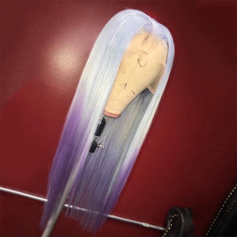 Ombre Grey Yellow Wig Brazilian Remy Straight Human Hair Wig Gray Purple Colored Human Hair Wigs For Women Transparent Lace Wigs