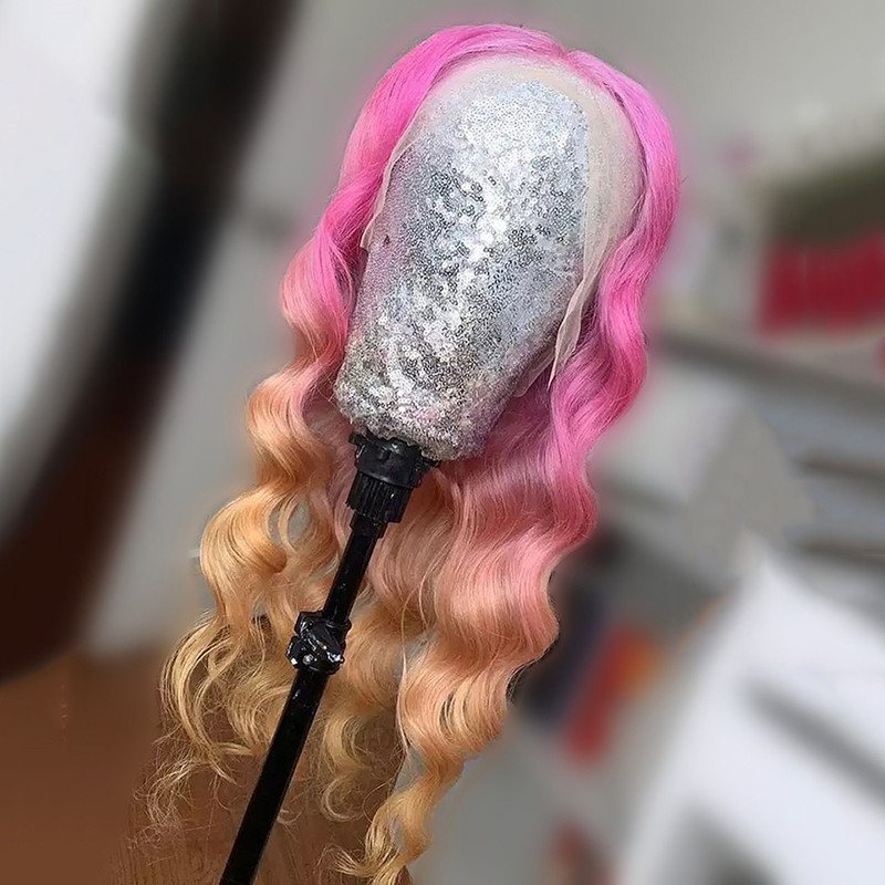 Pink Wig Body Wave Brazilian Remy Ombre Orange Colored Human Hair Wigs For Women Straight Lace Front Wig Transparent Lace Wigs