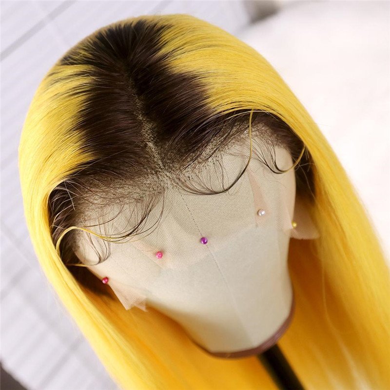 Ombre Yellow Straight Human Hair Wig With Black Roots Wig With Baby Hair Brazilian Remy Lace Wigs