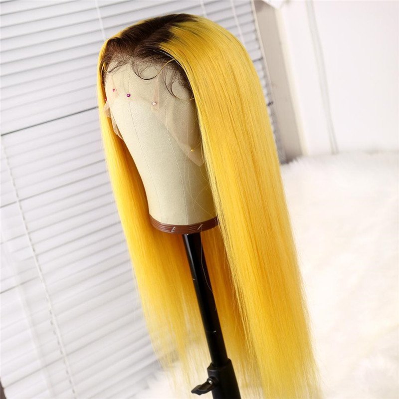 Ombre Yellow Straight Human Hair Wig With Black Roots Wig With Baby Hair Brazilian Remy Lace Wigs