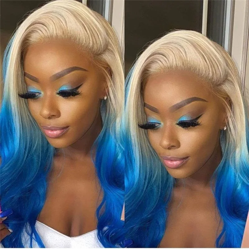 Unique Ombre Blonde Blue Body Wave Lace Front Wig Pre-Pluck Hairline Virgin Human Hair