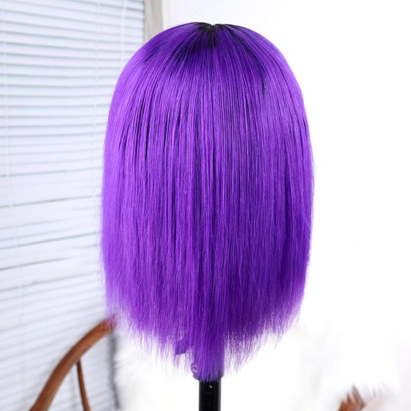 1B Dark Purple Short Bob Wig of Brazilian Human Hair with Baby Hair Ombre Black Roots Lace Front Wig for Women