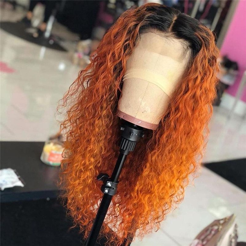 Orange Honey Blonde Ombre Color Curly Lace Front Human Hair Wigs Bleached Knots