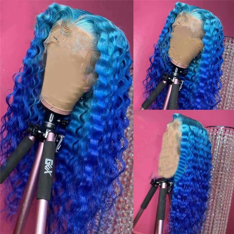 Ombre Blue Wig Colored Human Hair Wigs For Women Deep Wave Frontal Wig Brazilian Remy Hair Transparent Lace Wigs