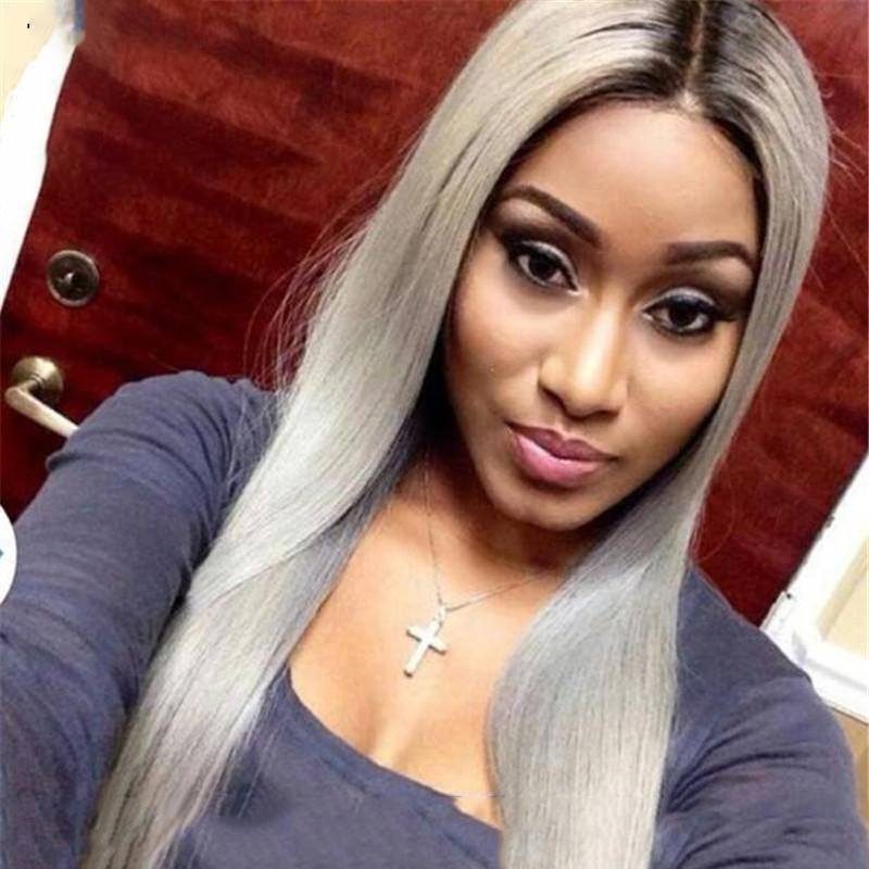 Ombre Grey Human Hair Wig Straight Long Wig Brazilian Remy 1B Grey Bob Wig Ombre Colored Human Hair Wigs For Women Pre Plucked