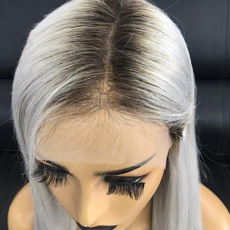 Ombre Grey Human Hair Wig Straight Long Wig Brazilian Remy 1B Grey Bob Wig Ombre Colored Human Hair Wigs For Women Pre Plucked