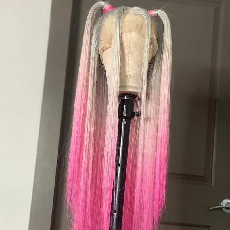 Ombre Pink Colored Human Hair Wigs For Women T 60 Pink Straight Lace Front Wig Brazilian Remy Transparent Lace Wigs Pre Plucked