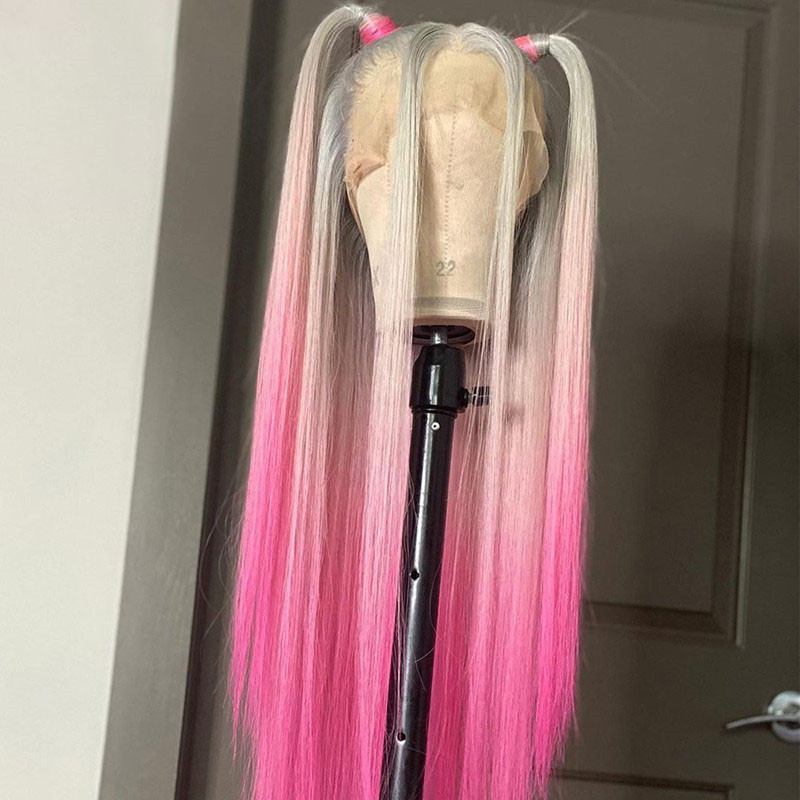 Ombre Pink Colored Human Hair Wigs For Women T 60 Pink Straight Lace Front Wig Brazilian Remy Transparent Lace Wigs Pre Plucked