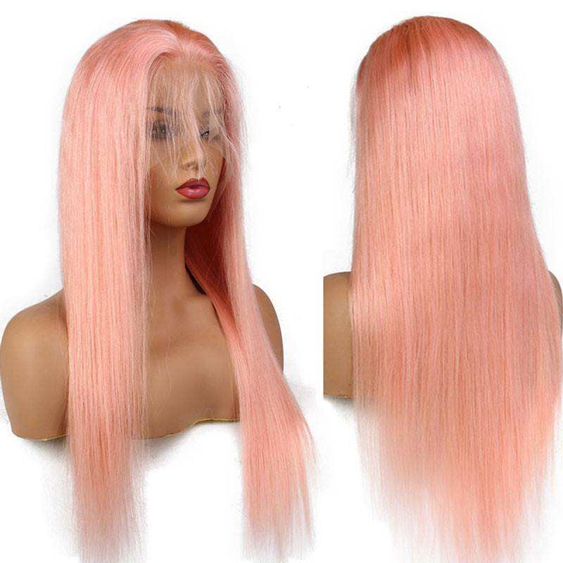 Pink Color Front Lace Wigs Remy Human Hair Pre-Plucked Hairline Silky Straight Hair with Baby Hair Ombre Pink Glueless Full Wigs