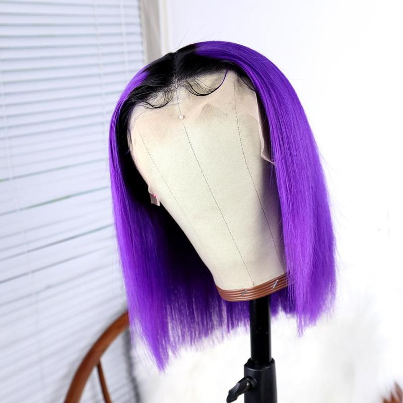 1B Dark Purple Short Bob Wig of Brazilian Human Hair with Baby Hair Ombre Black Roots Lace Front Wig for Women